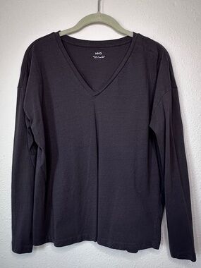 Mango (MNG) Women's Long Sleeve V-Neck Top, Charcoal Grey, Sz Medium